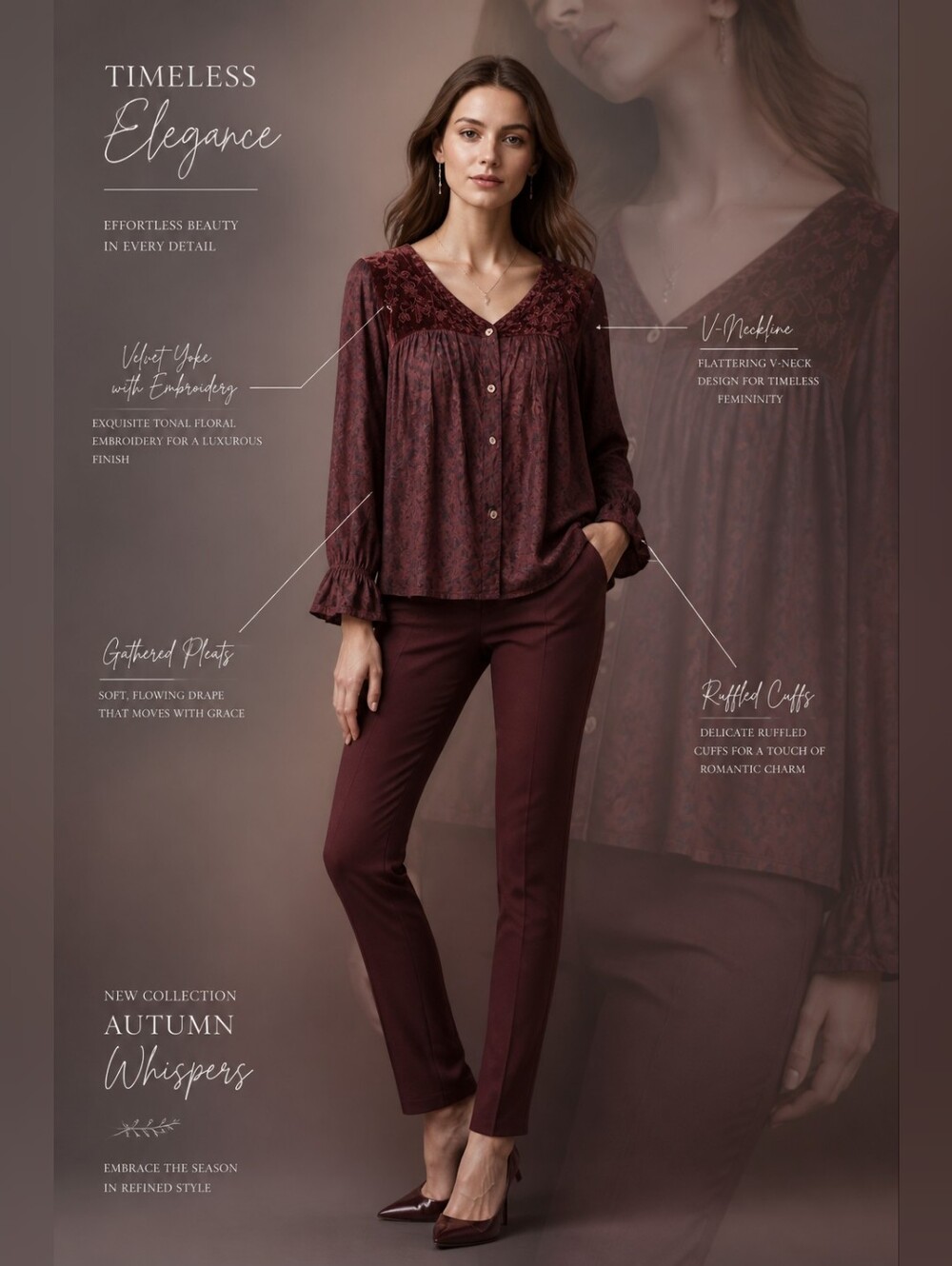 Women's Chestnut Button-Front Velvet-Accent Blouse